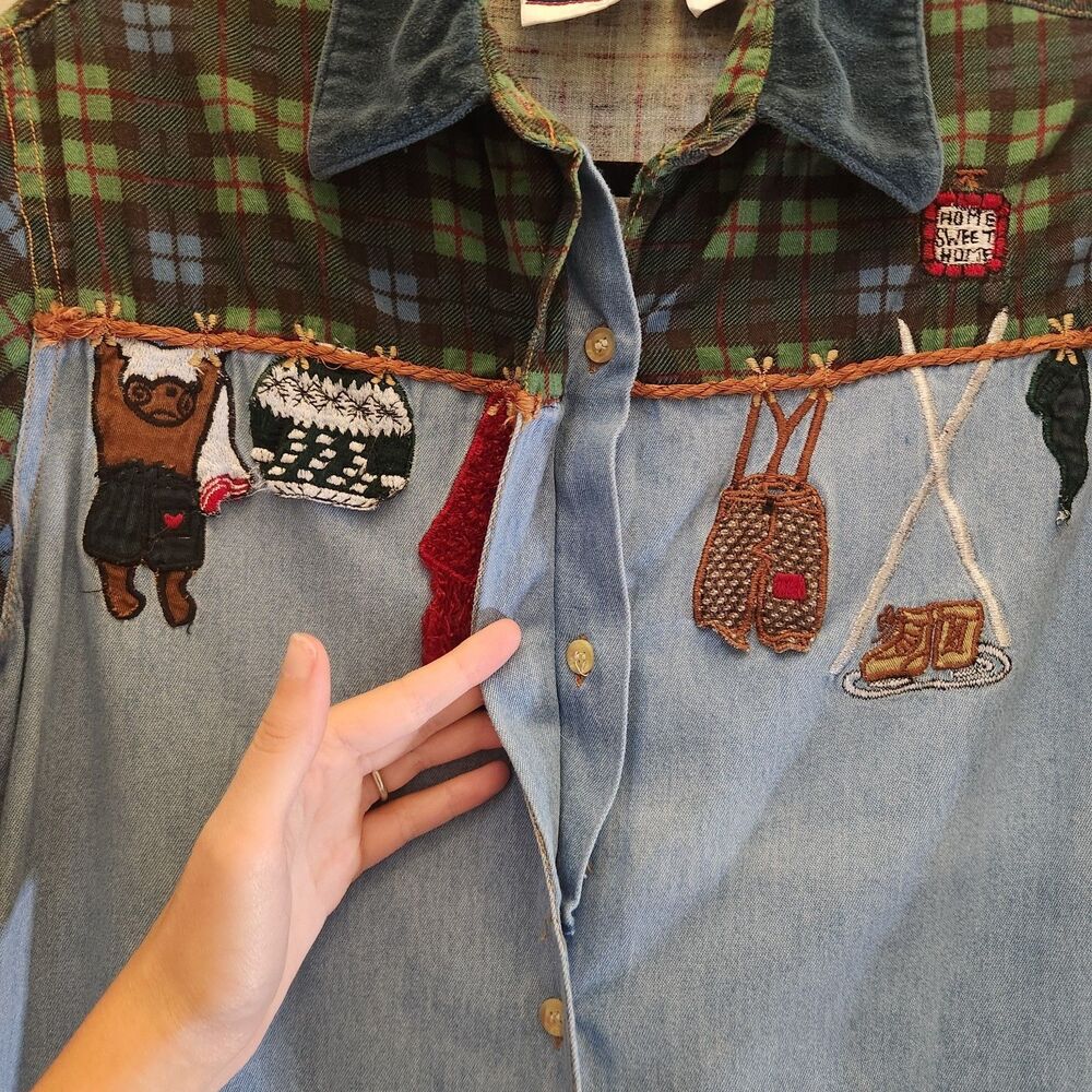 Vtg 90s Bill Blass Winter Cabin Christmas Holiday Ski Lodge Flannel Button Down - Picture 8 of 9